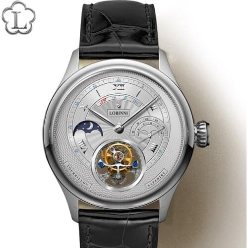 LOBINNI Men Tourbillon Watch Men Moonphase Watch Luxury Automatic Mechanical Wristwatch Sapphire Power Reserve Skeleton Dial