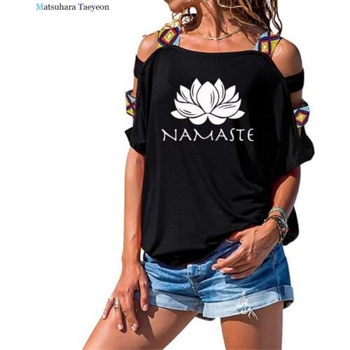 Fashion Women Clothing Namaste Print Tee T-shirt Women Top Female Tops T Shirt Irregular Skew Cross Bandage for Girls