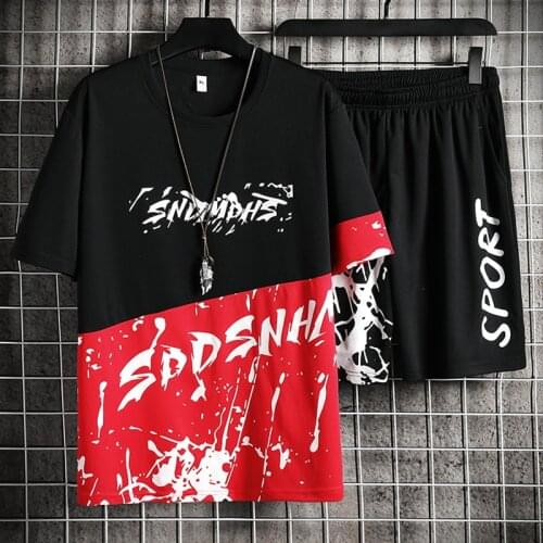Mens Joggers Set Summer New Casual Trend Mens Two-color Letter Printed T-shirt and Black Shorts Oversize Men Clothes Set 5XL