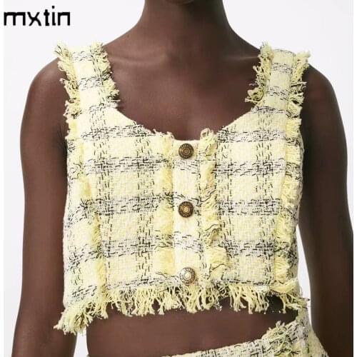 MXTIN 2021 Women Summer Vintage Plaid Single Breasted Cropped Tank Tops Fashion V-Neck Sleeveless Backless Female Casual Tops