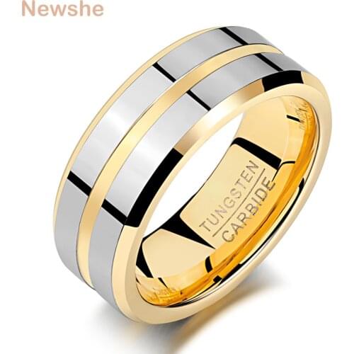 Newshe Mens Wedding Band Tungsten Carbide Groove Rings For Men 8mm Golden Gray Color Size 9-13 Fashionable Jewelry TRX046