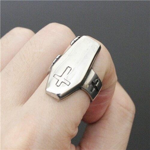 Newest Style Polishing Coffin Jesus Cross Ring Coffin Skull Ring Top Quality 316L Stainless Steel Cool Mens Ring