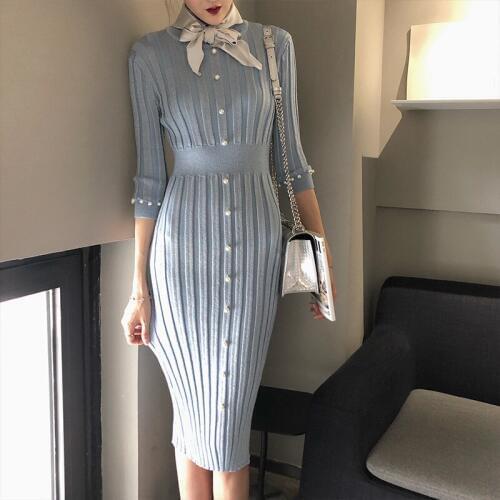 2019 O-neck Three Quarter New Autumn And Winter Knit Dress Female French Vintage Ladies Slim Single-breasted Women Send Scarves