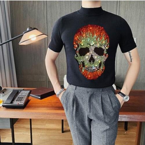 Summer Popular Knitted Half-High Neck Round Sweater Soft Casual All-Match Street Hot Drilling Mens Short-Sleeved Shirt