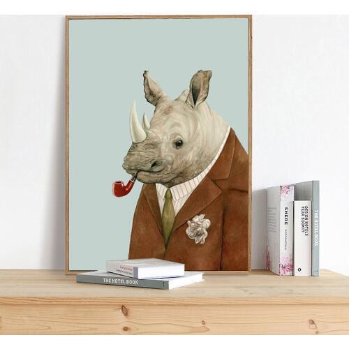Uncle Rhinoceros Portrait Canvas Art Print Poster, Wall Art Picture for Living Room Decoration, Animal Home Decor Painting
