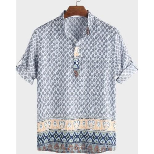 2021 Casual Shirts Mens Ethnic Elements Print Breathable Linen Cotton Stand Collar Short Sleeve Male Henley Shirt