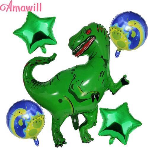 Amawill 5pcs Cartoon Dinosaur Foil Balloons Star Round Shaped Balloon Birthday Jungle Party Jurassic World Decorations Kids Toys