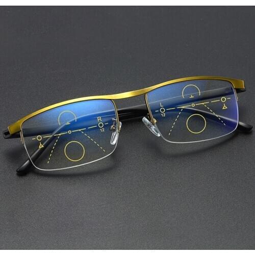 Vintage Gold Half Rim Progressive Multifocal Reading Glasses Anti Blue Light Multifunction Presbyopia Eyewear Eyebrow Magnifier