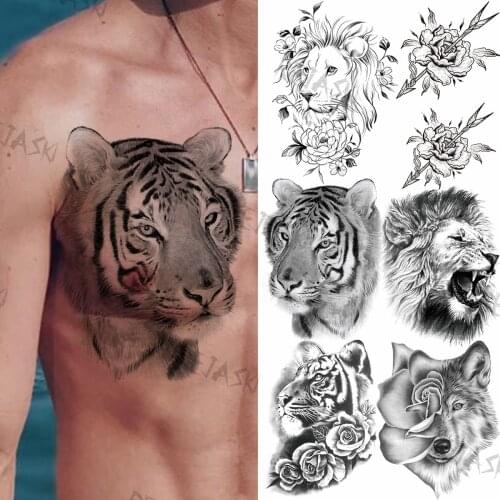 Black Tiger Temporary Tattoos For Men Adults Realistic Lion Rose Flower Wolf Fake Tattoo Stickers Chest Back Tatoos Waterproof