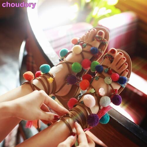 Ladies Fashionable Flat Bohemian Dress Sandals Multi-color Pom Pom Lace-up Shoes Women Casual Sandals Beach Dress Shoes Sandal