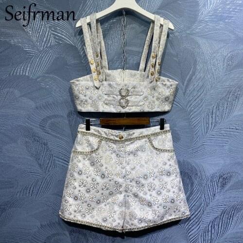 Seifrmann New 2021 Summer Women Fashion Runway Shorts Set Sexy Spaghetti Strap Crystal Short Tops+High Waist Print Shorts Suits