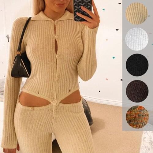 2021 Women Solid Ribbed Romper Sexy Long Sleeve Slim Detachable Clothing Knitted Cut Out Ladies Buttoned Flap Club Jumpsuit