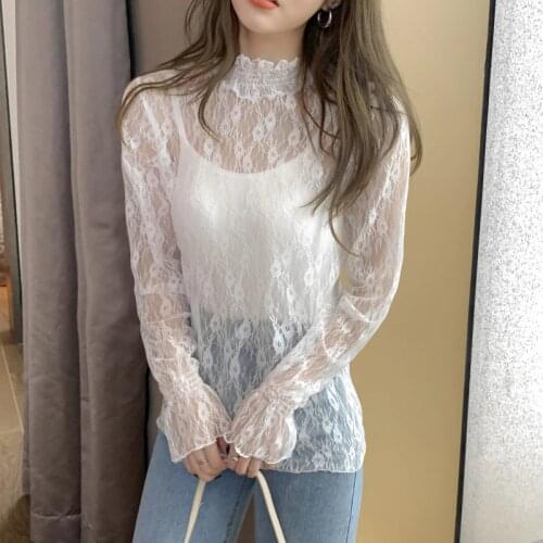 2020 womens long-sleeved transparent hollow top with new white lace bottoming shirt for fall/winter women