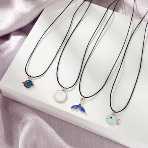 Punk Fashion Planet Universe Pendant Necklace For Women Fish Tail Charms PU Leather Rope Necklace Wedding Jewelry Girls Gift New