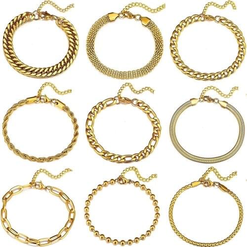 1 Piece 18K Gold Multiple Styles Cuban Link Bracelet For Men Women Stainless Steel High Quality Solid Basic Chains Jewelry DIY