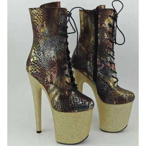Carpaton Newest High Heel Boots Gold Snakeskin Leather Lae-up Ankle Boots for Woman Night Club Wearing Dress Shoes