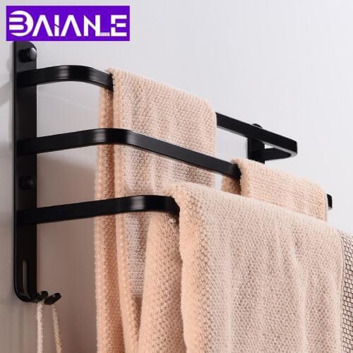 Bathroom Towel Bar Holder Black Aluminum Three Layer Towel Rack Wall Mounted Towel Rail Hanger with Hooks Bathroom Shelf Shower