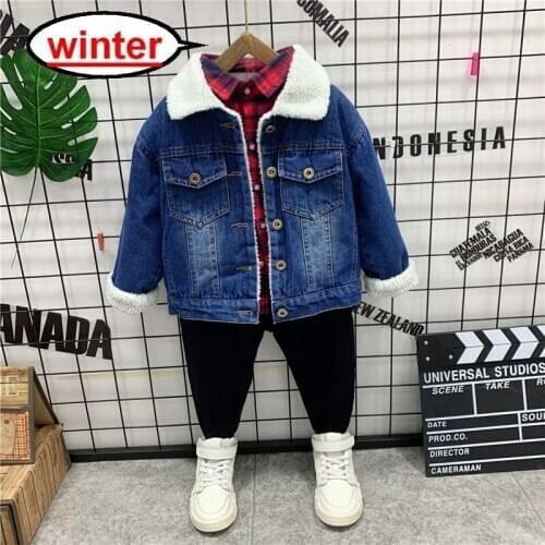 Boys Clothing Sets Winter New Kids Boys Plush Denim Jacket + Plaid Shirt + Jeans 3pcs Casual Childrens Clothes Outfit 2-6YEARS
