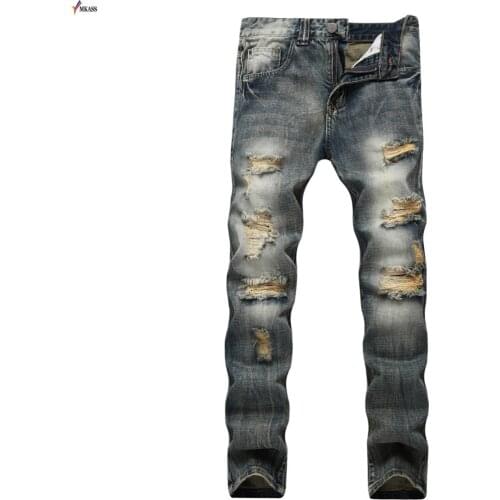 Biker Jeans Men Hip Hop Mens Ripped Jeans Vintage Retro Slim Denim Pants Luxury Brand Male Distressed Street Classic pants Men