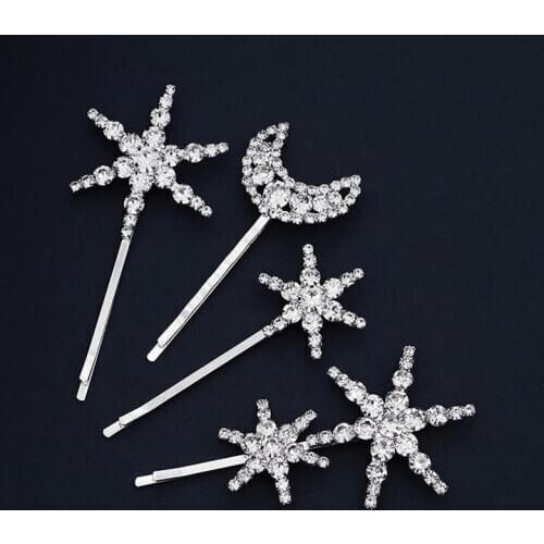 FORSEVEN 4 pcs/lot Shining Rhinestone Simple Star Moon Shape Hairpins Clips for Kids Women Girls Daily Headwear Wholesale