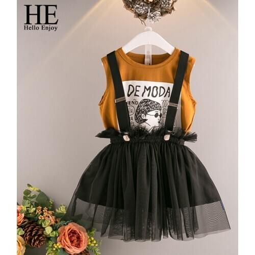 HE Hello Enjoy Kids Girls Clothes Sets Summer Childrens Clothing Cartoon Print T-shirt+Suspender Mesh Dress Infantil Outfits