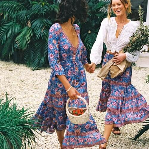 Jastie 2020 Spring Summer Women Dress Button V-neck Long Sleeve Maxi Dresses Floral Printed Boho Hippie Chic Beach Dress Vestido