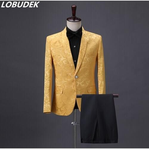 England Style Mens Jacquard Suit Vintage Pattern Blazers Pants 2 Pieces Set Male Singer Chorus Host Suits Prom Wedding Dress