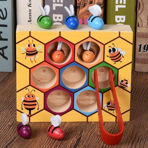 Hot Wooden Leaning Educatinal Toys Childhood Color Cognitive Clip Small Bee Toy Children Montessori Early Education Beehive Game