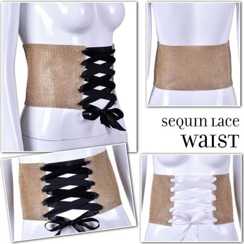 Fashion Crystal Sequins Cummerbunds Woman Rhinestones Cummerbund Wide Waist Belt Streetwear Lace Up Corset Waistbands