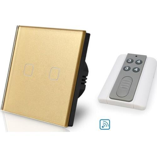 Fashion gold Wireless remote control switch 2 gang 1 way 220V wall switch EU standard with backlight indidator single live line