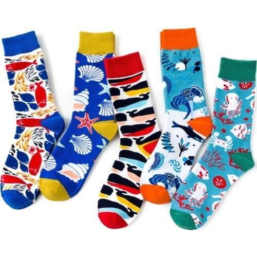 Womens Socks Sea Animals Shell Shark Fish 85% Cotton Creative High Quality Cute Happy Cartoon Adult Casual Crew Socks