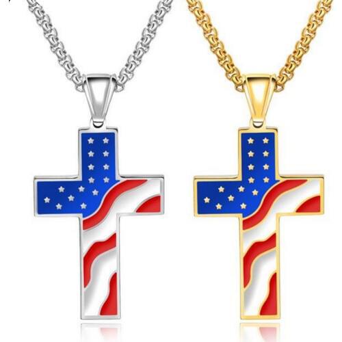 New Arrive Men Womens Cross Pendant Necklace USA Flag engraved Pure Stainless Steel Jewelry