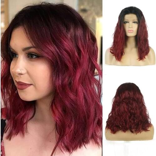 AIMEYA Synthetic Lace Front Wig Shoulder Length Short NaturaL Wave Lace Wigs for Women Ombre Red Cosplay Wig with Side Part