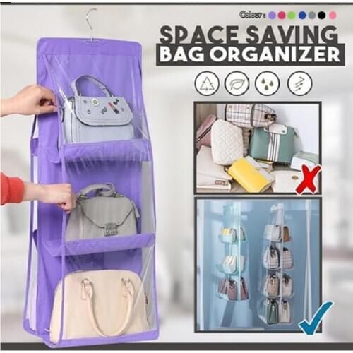 6 Pocket Hanging Handbag Organizer Closet Transparent Storage Bag Anti Dust Door Wall Clear Sundry Shoe Bag with Hanger Pouch