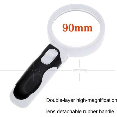 Factory Direct 5x 90mm Double Lens Handheld Two LED Lights Old Reading Newspaper Reading Light Magnifying Glass