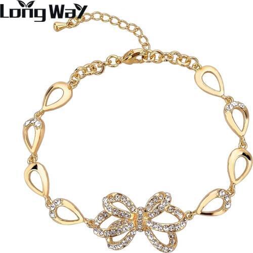 LongWay Luxury Gold bracelets for women Color Bracelet Chain Austrian Crystal Bowknot Bracelet For Women Jewelry SBR140290