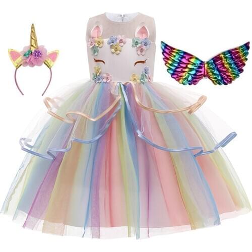 Christmas Girl Rainbow Unicorn Dress Kids Birthday Party Fancy Costume For Girls Wedding Party Baby Clothes Children Outfit