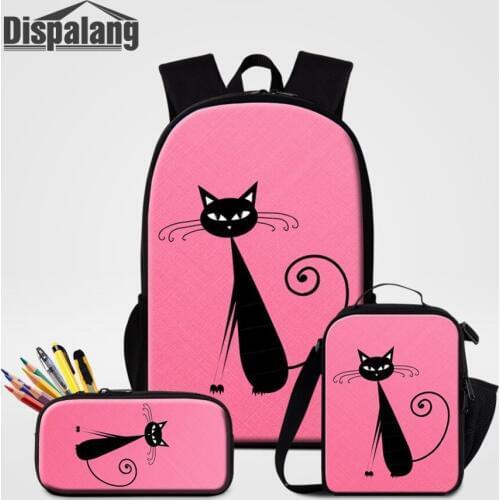 Animal Cat Printing Backpack Lunchbox Pencil Case 3 Set Children Fashion Bag 3 PCS School Bag PenBox For School Primary Bagpack