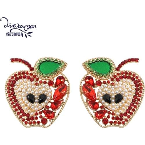 Dvacaman Pearls Rhinestone Apple-Shaped Drop Earrings for Women Funny Statement Crystal Fruit Earrings Halloween Jewelry Brincos