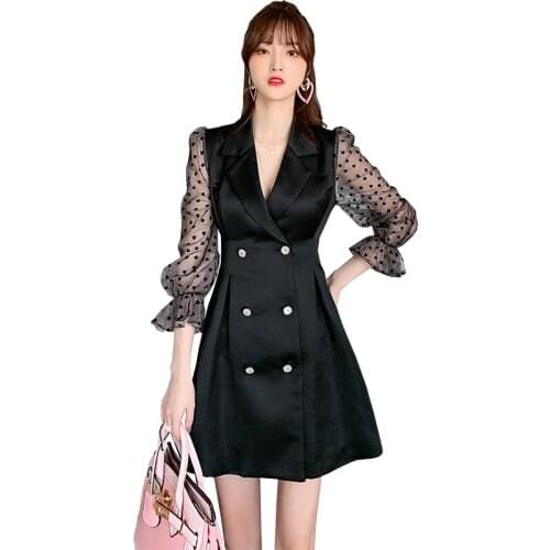 Mesh Patchwork Print Polka Dot Dress Women Double Button Corset A Line Black Blazer Dress Woman Fashion Autumn Winter Dress 2020