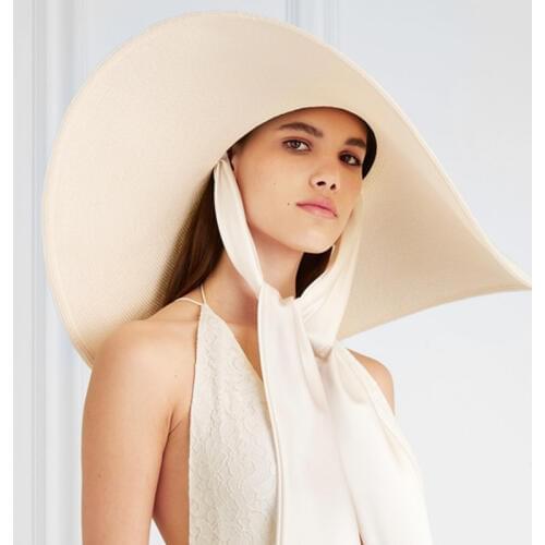 Women Summer White 25cm Wide Brim OVERSIZED Sun Hat Soft Silk Ribbon Tie Floppy Cap Giant Beach Straw Hat Kuntucky Derby Hat