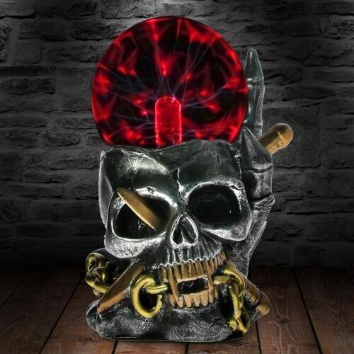 Viking Skull With Dagger Through Statue Figurine Electric Thunder Touch Sense Plasma Ball Lightning Skeleton Head Sculpture