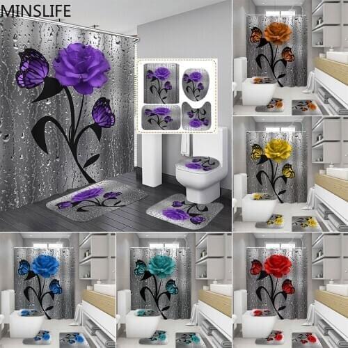 3D Butterfly Rose Fabric Shower Curtain Waterproof Water Drop Flowers Bathroom Curtains Pedestal Rug Toilet Lid Cover Carpet