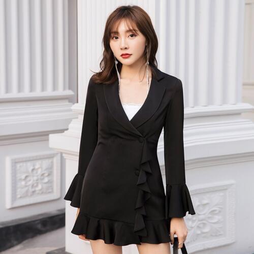 YIGELILA Autumn New Fashion Black Dress Turn Down Collar Ruffles Short Dress Flare Sleeves Above Knee Office Lady Dress 65294