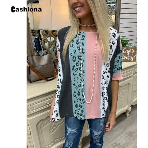 Cashiona Sexy Leopard Print T-shirt Patchwork Womens Top Vintage 2021 Summer New Loose Tee Shirt Casual Pullovers Femme Clothes