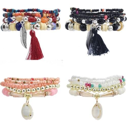 Bohemia Tassel Charm Beads Bracelets For Women Candy Color Multilayer Wrap Bracelet Set Wristband Indian Jewelry pulseira femini
