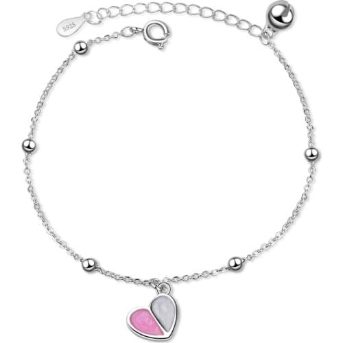 925 Sterling Silver Heart Bracelet For Women Pink Ice Cream Heart Bell Bracelet S-B165