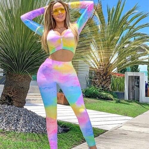 Womens Jogging Suit 2pcs Tie-dye Long-sleeved Zipper Round Neck Top + Tie Wide Loose Shorts Autumn Sports Clothing Running Wear