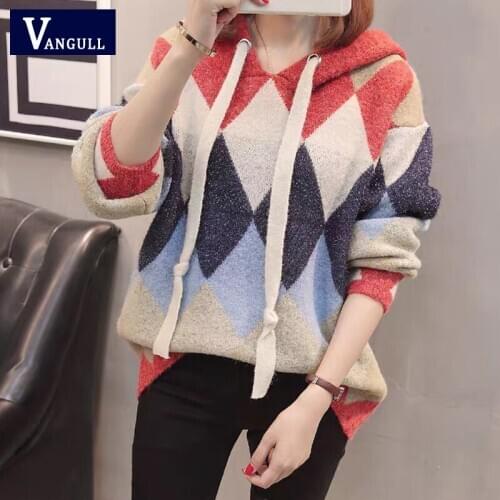 Vangull Women Argyle Patchwork Hooded Pullover Sweater Casual Lace up Loose Sweater Basic Chic Winter New Soft Knitted Coat