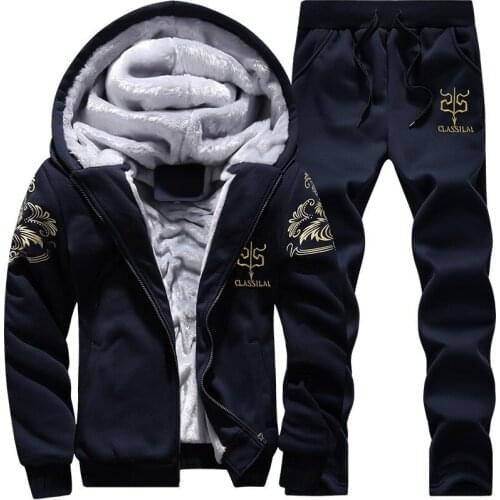 Winter Mens Fleece Lining Tracksuit Golden Printed Two Piece Joggers Track Suit 4XL Casual Hoody Sweatshirt Sets Conjunto Hombre